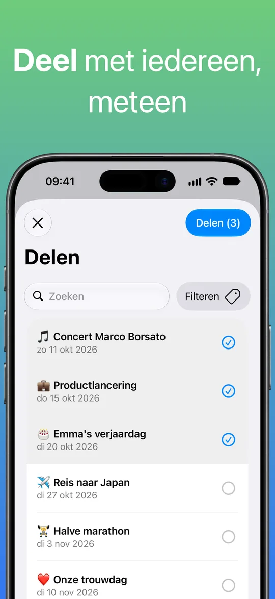 Het scherm Delen met Concert Marco Borsato, Productlancering en Emma’s verjaardag geselecteerd, en de knop ‘Delen (3)’.