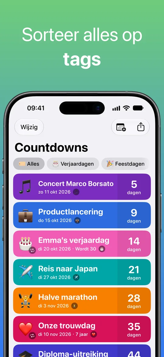 De countdownlijst met de tagfilters Verjaardagen en Feestdagen boven Concert Marco Borsato, Productlancering, Emma’s verjaardag, Reis naar Japan, Halve marathon en Onze trouwdag.