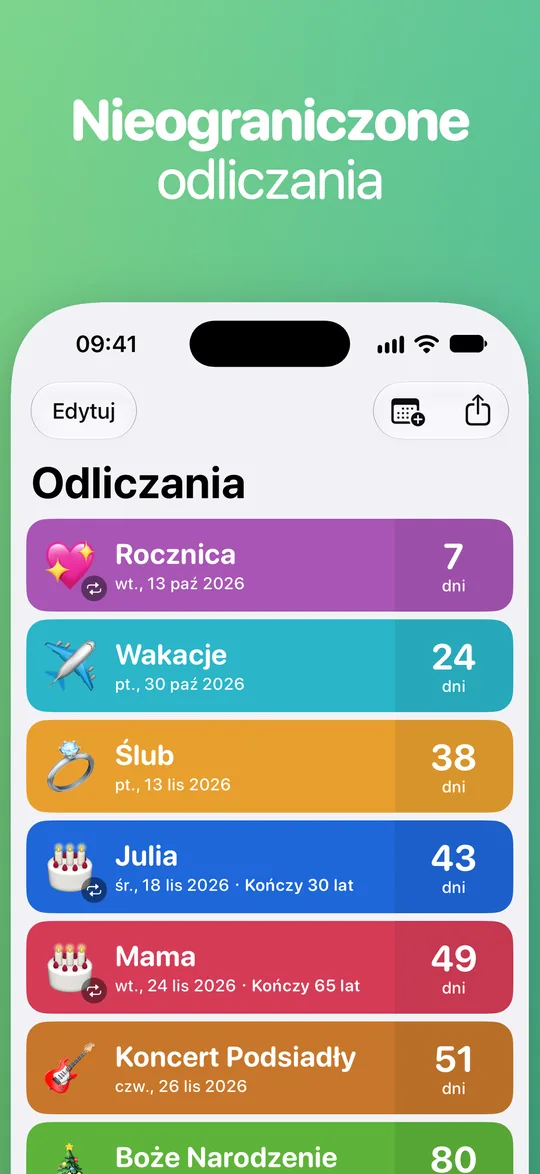 Lista Countdown: Rocznica za 7 dni, Wakacje za 24, Ślub za 38, Julia za 43 (kończy 30 lat), Mama za 49 (kończy 65 lat) i Koncert Podsiadły za 51.