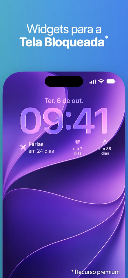 Widgets do Countdown na Tela Bloqueada do iPhone, abaixo do relógio: Férias em 24 dias e mais dois eventos em 7 e 38 dias.