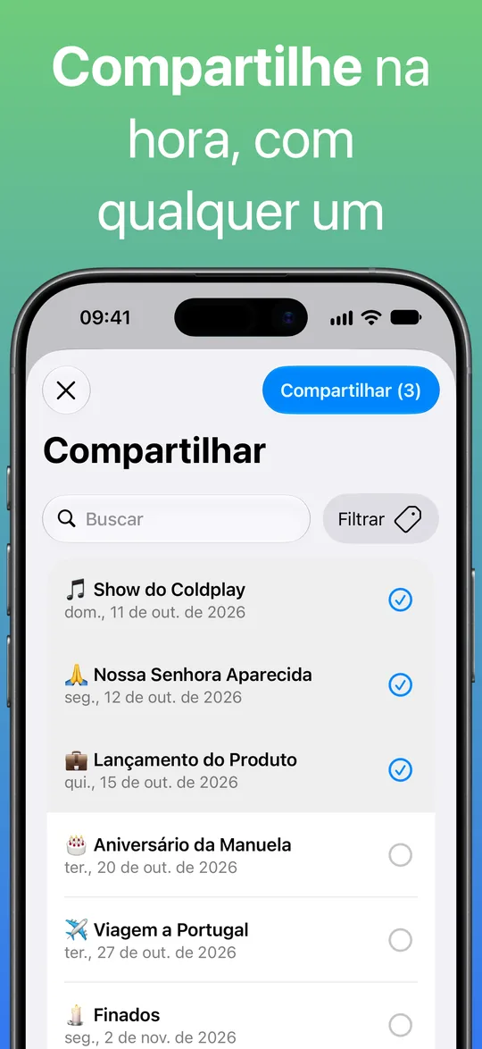 A tela Compartilhar com Show do Coldplay, Nossa Senhora Aparecida e Lançamento do Produto selecionados e o botão Compartilhar (3).