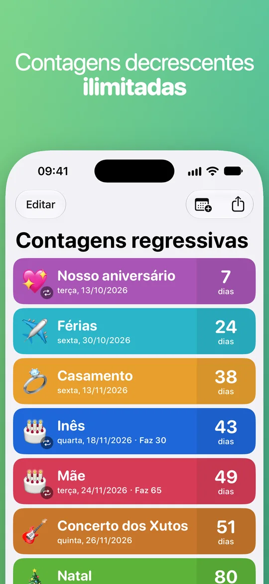 A lista do Countdown: o nosso aniversário daqui a 7 dias, férias daqui a 24, um casamento daqui a 38, o aniversário da Inês daqui a 43, o da mãe daqui a 49 e um concerto dos Xutos daqui a 51.