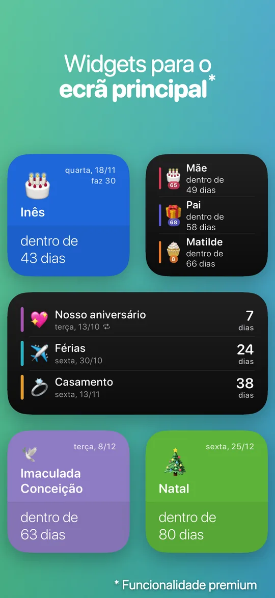 Widgets do Countdown no ecrã principal de um iPhone: faltam 43 dias para o aniversário da Inês, 63 para a Imaculada Conceição e 80 para o Natal.