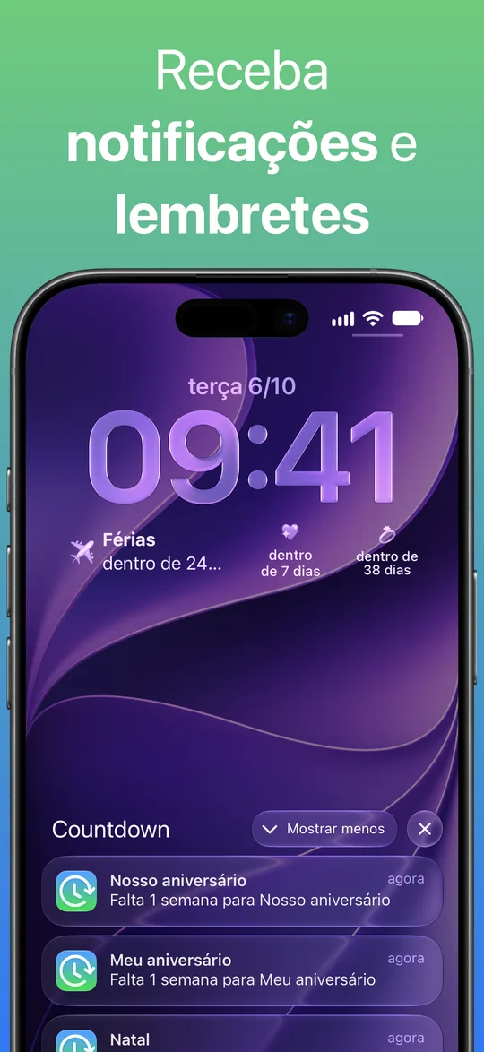 Notificações do Countdown no ecrã bloqueado, uma semana antes do nosso aniversário e do meu aniversário.