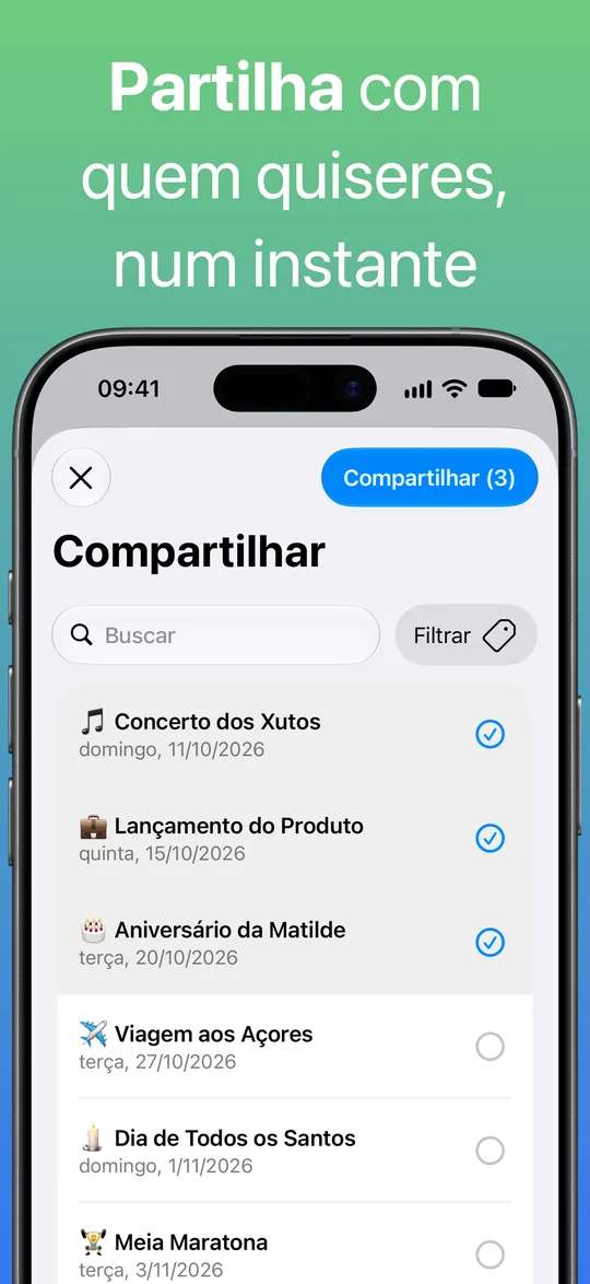 O ecrã de partilha com um concerto dos Xutos, um lançamento de produto e o aniversário da Matilde selecionados, e um botão para partilhar os três.