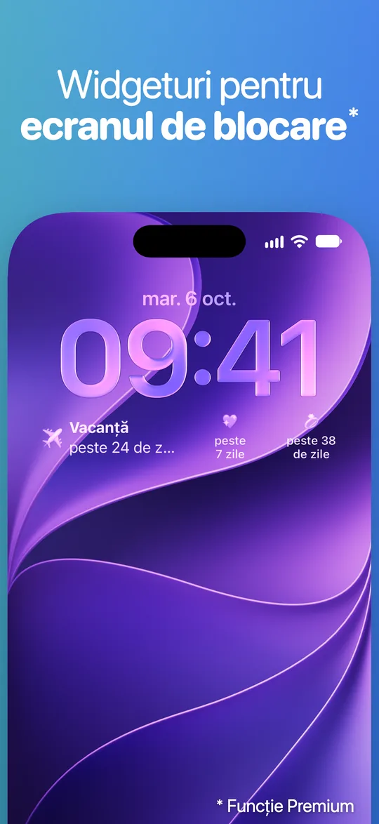Widgeturi Countdown pe ecranul de blocare al iPhone-ului, sub oră: Vacanță peste 24 de zile și alte două evenimente peste 7 și 38 de zile.