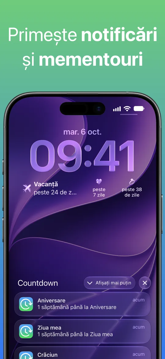 Notificări Countdown pe ecranul de blocare: 1 săptămână până la Aniversare și 1 săptămână până la Ziua mea, plus una pentru Crăciun.