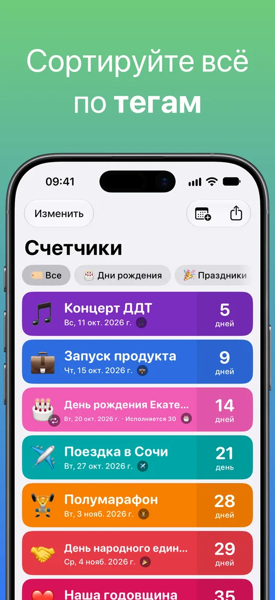 Список с фильтрами по тегам «Все», «Дни рождения» и «Праздники»: концерт ДДТ через 5 дней, запуск продукта через 9, день рождения Екатерины через 14, поездка в Сочи через 21 день, полумарафон через 28 и День народного единства через 29 дней.