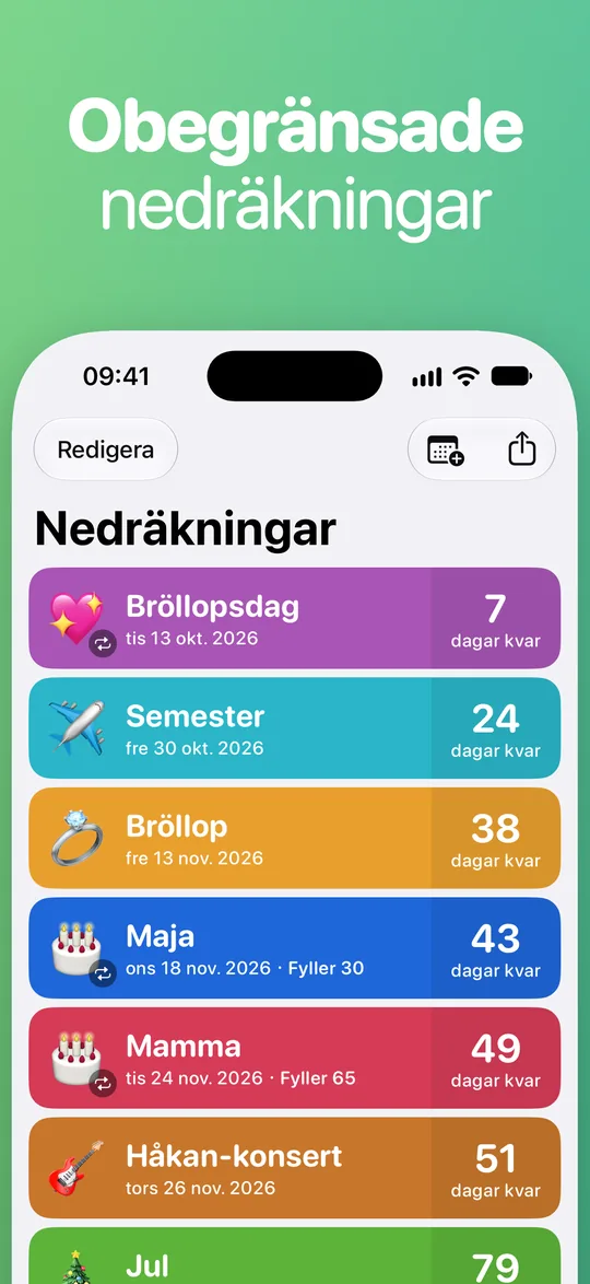 Countdown-listan: Bröllopsdag om 7 dagar, Semester om 24, Bröllop om 38, Maja (fyller 30) om 43, Mamma (fyller 65) om 49 och Håkan-konsert om 51.