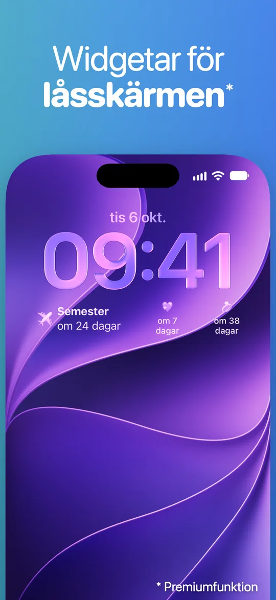 En iPhone-låsskärm med Countdown-widgetar under klockan: Semester om 24 dagar och två händelser om 7 och 38 dagar.