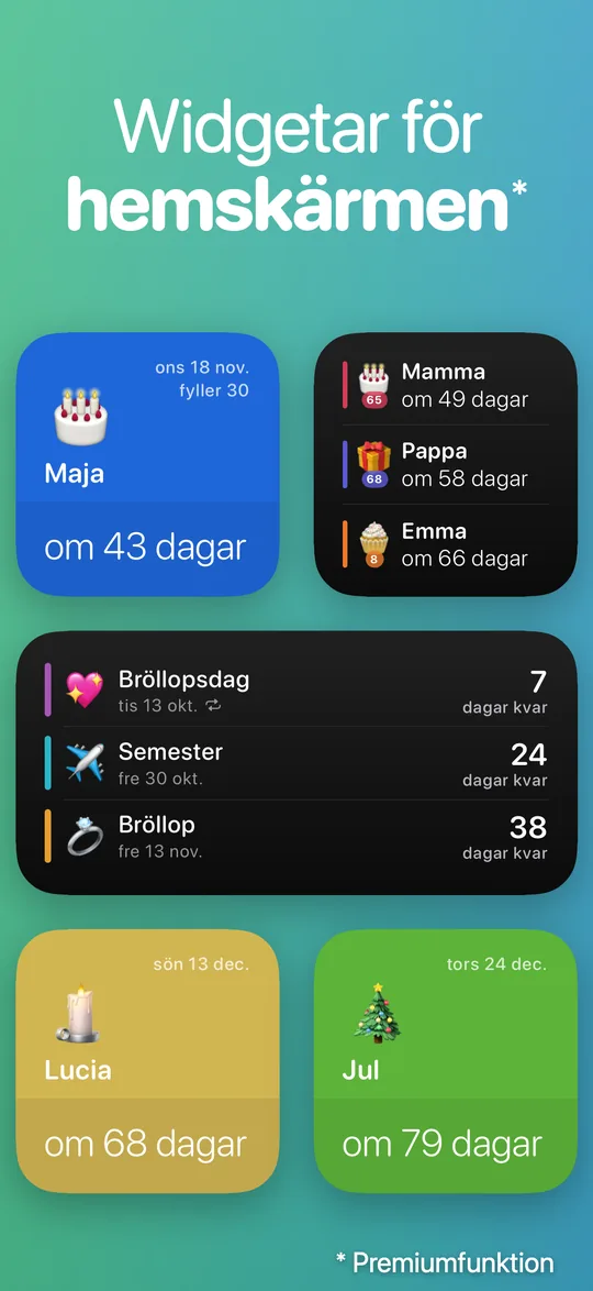 Countdown-widgetar i tre storlekar: Maja om 43 dagar, Mamma, Pappa och Emma om 49, 58 och 66 dagar, Bröllopsdag, Semester och Bröllop om 7, 24 och 38 dagar, Lucia om 68 dagar och Jul om 79 dagar.