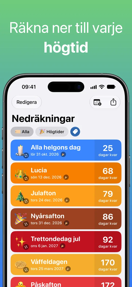 En lista filtrerad på taggen Högtider: Alla helgons dag, Lucia, Julafton, Nyårsafton, Trettondedag jul och Våffeldagen, med dagarna kvar.