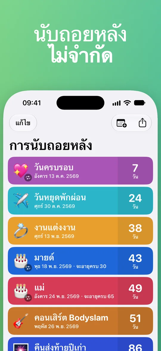 รายการ Countdown: วันครบรอบในอีก 7 วัน วันหยุดพักผ่อน 24 วัน งานแต่งงาน 38 วัน มายด์จะอายุครบ 30 ในอีก 43 วัน แม่จะอายุครบ 65 ในอีก 49 วัน และคอนเสิร์ต Bodyslam 51 วัน