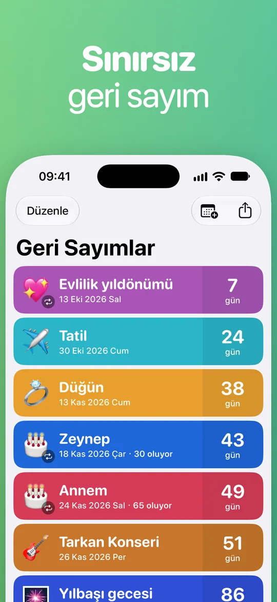 Countdown listesi ve kalan günler: Evlilik yıldönümü 7, Tatil 24, Düğün 38, Zeynep 43 (30 oluyor), Annem 49 (65 oluyor) ve Tarkan Konseri 51.