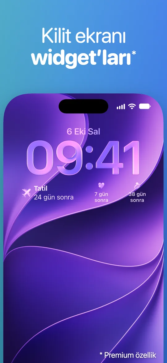 iPhone Kilit Ekranında saatin altında Countdown widget’ları: 24 gün sonra tatil, 7 ve 38 gün sonra iki etkinlik daha.