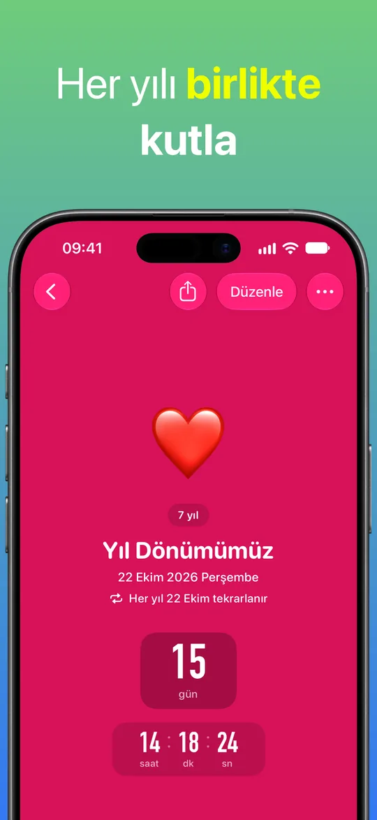 Kırmızı arka planlı Yıl Dönümümüz geri sayımı: 7 yıl, her yıl 22 Ekim’de tekrarlanır; 22 Ekim 2026 Perşembe’ye 15 gün, 14 saat, 18 dakika ve 24 saniye.