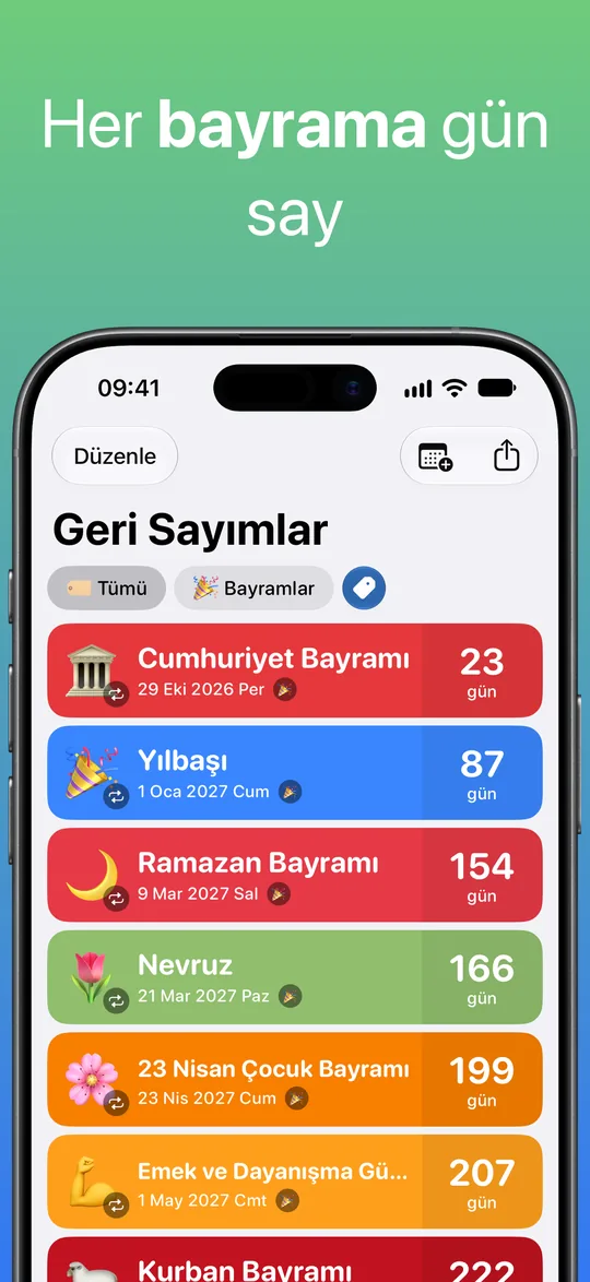 Bayramlar etiketiyle filtrelenmiş liste: Cumhuriyet Bayramı 23 gün, Yılbaşı 87, Ramazan Bayramı 154, Nevruz 166, 23 Nisan Çocuk Bayramı 199 ve Emek ve Dayanışma Günü 207.