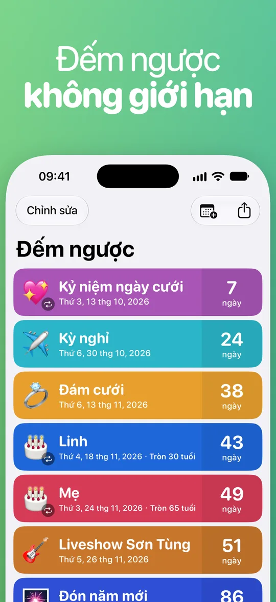 Danh sách Countdown: Kỷ niệm ngày cưới sau 7 ngày, Kỳ nghỉ 24 ngày, Đám cưới 38 ngày, Linh tròn 30 tuổi sau 43 ngày, Mẹ tròn 65 tuổi sau 49 ngày và Liveshow Sơn Tùng 51 ngày.