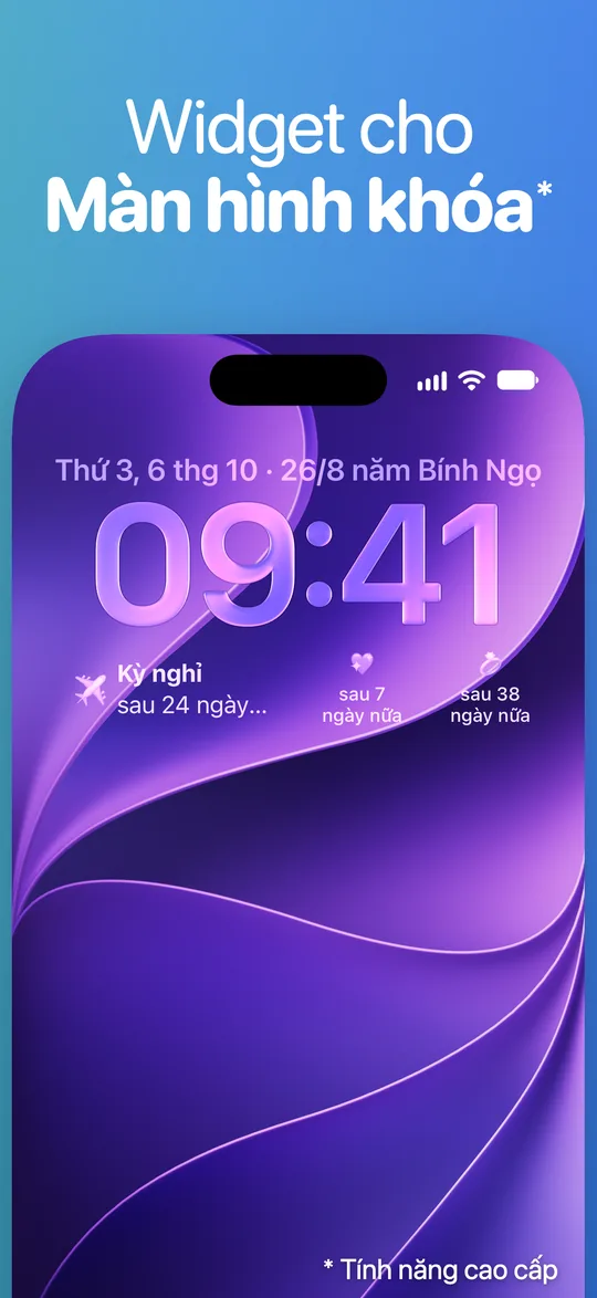 Màn hình khóa iPhone với widget Countdown dưới đồng hồ: Kỳ nghỉ sau 24 ngày và hai sự kiện khác sau 7 và 38 ngày nữa.
