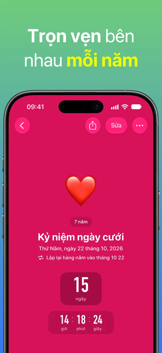 Đếm ngược Kỷ niệm ngày cưới màu đỏ, lặp lại hàng năm vào ngày 22 tháng 10: 7 năm bên nhau, còn 15 ngày.