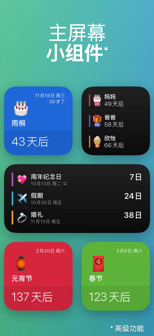 三种尺寸的 Countdown 小组件:雨桐 43 天后满 30 岁;妈妈、爸爸和欣怡的生日分别在 49、58 和 66 天后;周年纪念日、假期和婚礼;元宵节 137 天后;春节 123 天后。