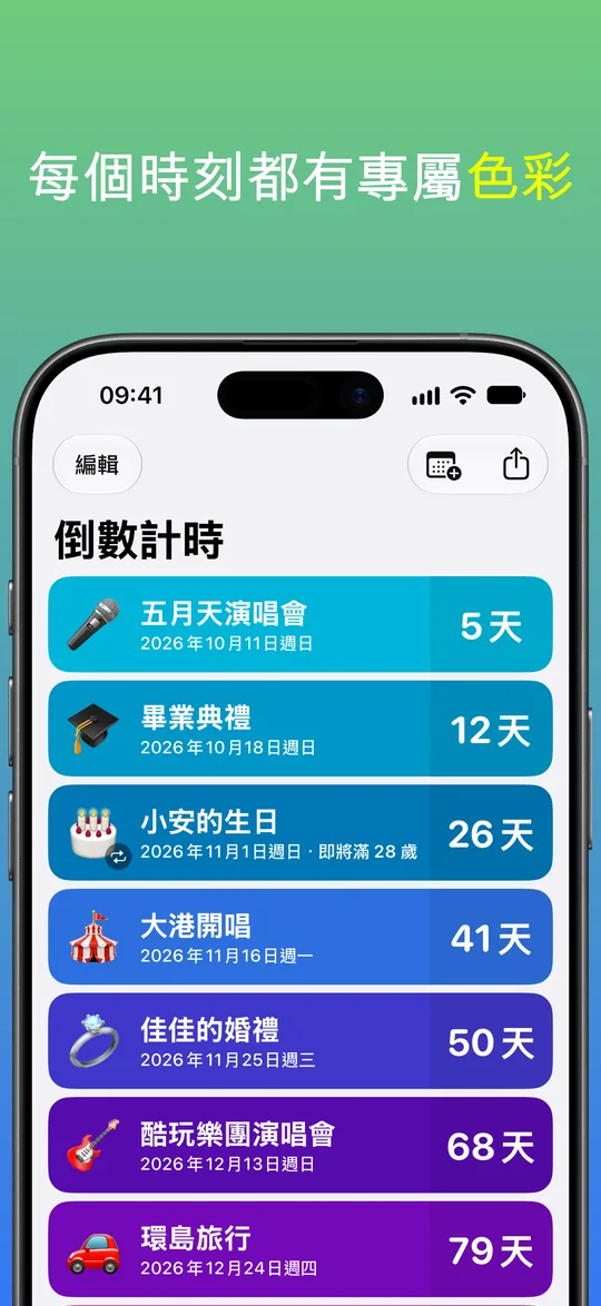 每個倒數計時顏色各異的列表:五月天演唱會 5 天、畢業典禮 12 天、小安的生日 26 天、大港開唱 41 天、佳佳的婚禮 50 天、酷玩樂團演唱會 68 天、環島旅行 79 天。